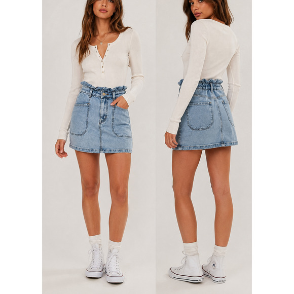 Free People Dresses & Skirts - Free People Denim Paperbag Waist Mini Skirt Womens M Blue High Rise NWOT